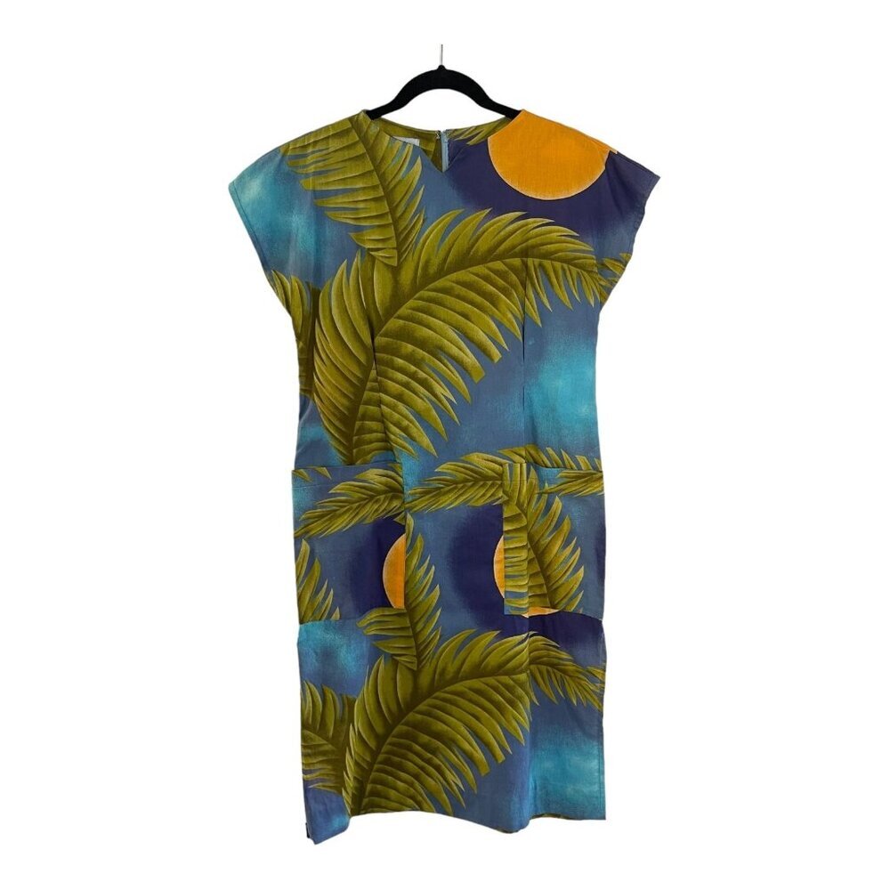 Vintage 1970s Blue Hawaii Sportswear Honolulu Tropical Shift Dress Palm Leaves M